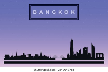 Silueta de diseño negro del horizonte de la ciudad de Bangkok con texto en marco negro. Vector en el fondo de cielo estrellado azul oscuro