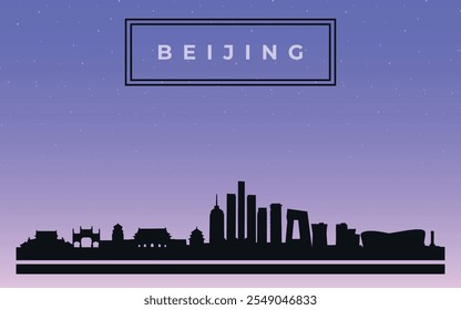 Silueta de diseño negro del horizonte de la ciudad de Beijing con texto en marco negro. Vector en el fondo de cielo estrellado azul oscuro