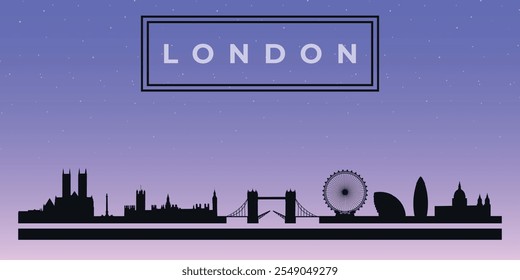 Silhueta de design preto do horizonte da cidade de Londres com texto em quadro preto. Vetor no fundo de céu estrelado azul escuro