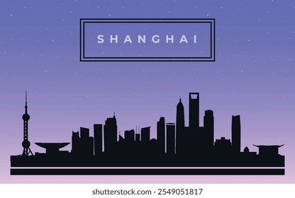 Silueta de diseño negro del horizonte de la ciudad de Shanghai con texto en marco negro. Vector en el fondo de cielo estrellado azul oscuro