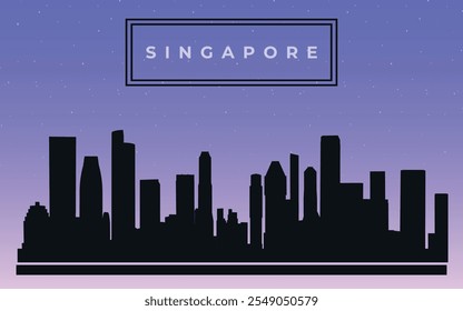 Black design silhouette of Singapore city skyline with text in black frame. Vector on the background of dark blue starry sky