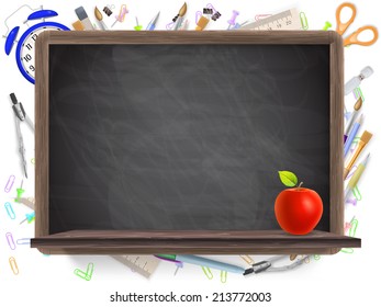 Black desk with copyspace and school supplies . EPS 10 vector file included