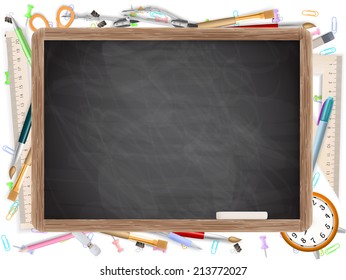 Black desk with copyspace and school supplies . EPS 10 vector file included