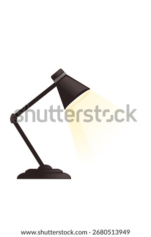 Black desk lamp with adjustable arm casting warm yellow light. Modern office lighting equipment with directional illumination. Workplace accessory for reading and work. Vector illustration isolated.