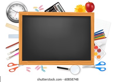 Black desk with school supplies. Vector.