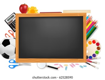 Black desk with school supplies. Vector.