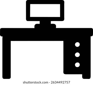 Black desk vector icon with a computer isolated on a white background perfect for web design, apps, presentations and social media posts.