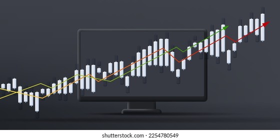 Black desktop computer 3d illustration mono chrome with stock investment trading bar chart