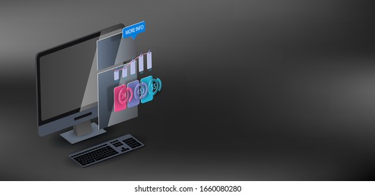 Black desktop computer on a black background with an interface in space. Vector banner