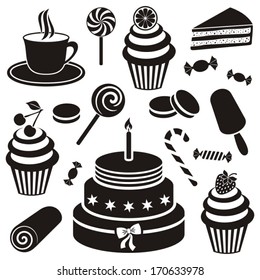 Black desserts and sweets icon vector silhouette collection
