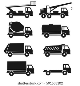 black detail icons types lorry set. 8 trucks. Collections Isolated industry vehicle