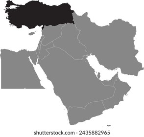 Black detailed CMYK blank political map of TURKEY (TÜRKIYE) with white national country borders on transparent background using orthographic projection of the gray Middle East