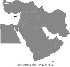Black detailed CMYK blank political map of CYPRUS with flag and name tags, white national country borders on transparent background using orthographic projection of the gray Middle East