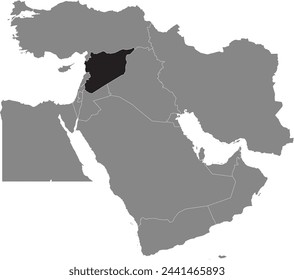 Black detailed CMYK blank political map of SYRIA with white national country borders on transparent background using orthographic projection of the gray Middle East