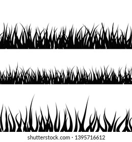 Black detailed grass silhouette, seamless borders isolated on white