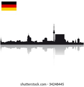 Black detailed vector Berlin silhouette skyline with flag