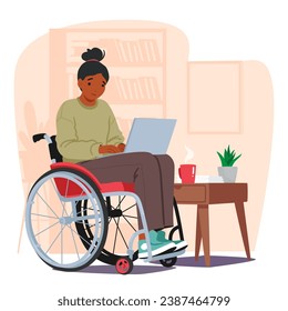 Black Determined Woman In A Wheelchair Works On Laptop With Unwavering Focus. Female Character Freelancer Breaking Down Barriers To Achieve Her Professional Goals. Cartoon People Vector Illustration