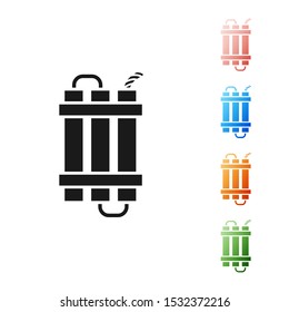 Black Detonate dynamite bomb stick and timer clock icon isolated on white background. Time bomb - explosion danger concept. Set icons colorful. Vector Illustration