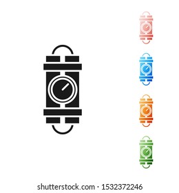 Black Detonate dynamite bomb stick and timer clock icon isolated on white background. Time bomb - explosion danger concept. Set icons colorful. Vector Illustration