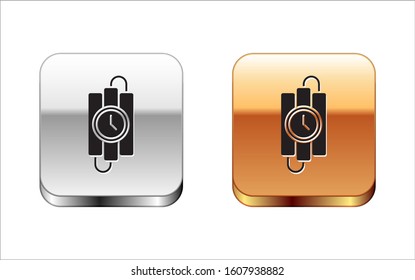 Black Detonate dynamite bomb stick and timer clock icon isolated on white background. Time bomb - explosion danger concept. Silver-gold square button. Vector Illustration