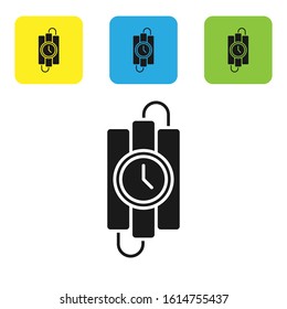 Black Detonate dynamite bomb stick and timer clock icon isolated on white background. Time bomb - explosion danger concept. Set icons colorful square buttons. Vector Illustration