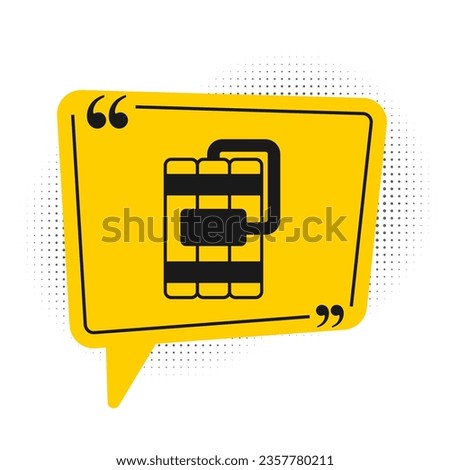 Black Detonate dynamite bomb stick and timer clock icon isolated on white background. Time bomb - explosion danger concept. Yellow speech bubble symbol. Vector