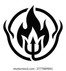 Black devil flame icon symbol with circle and trident devilish fire logo icon
