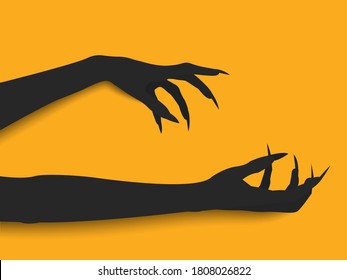 Black devil hands silhouetted on orange background for Halloween decorations, Flat illustration vector