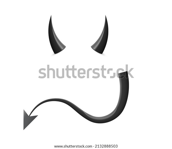Black devil horn and tail vector illustration. 3d\
realistic cute elements for face mask and head or costume, wicked\
demon symbol for Halloween carnival, hot malicious evil monster\
isolated on white
