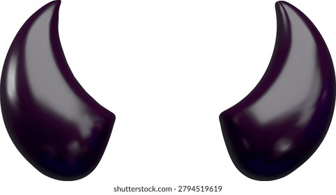 Black devil horns 3D cartoon plastic style icon. Realistic demon elements. Halloween costume, mask decoration. Glossy evil horns. Bad sign. Vector render illustration isolated on white background