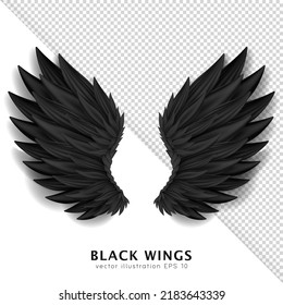 Black Devil Wings Isolated On Transparent Background. Dark Angel Outfit, Masquerade, Carnival Costume. Daemon's Realistic Wings. Three Dimensional Monster Or Bird Wings.  Vector Illustration EPS 10