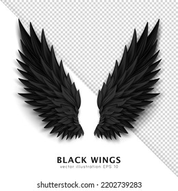 Black Devil Wings Isolated On Transparent Background. Dark Angel Outfit, Masquerade, Carnival Costume. Daemon's Realistic Wings. Three Dimensional Monster Or Bird Wings. Vector Illustration EPS 10