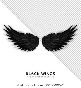 Black Devil Wings Isolated On Transparent Background. Dark Angel Outfit, Masquerade, Carnival Costume. Daemon's Realistic Wings. Three Dimensional Monster Or Bird Wings. Vector Illustration EPS 10