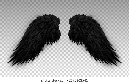 Alas del diablo negras aisladas en un fondo transparente. Traje de ángel oscuro, mascarada, disfraz de carnaval. Las alas realistas del demonio. Monstruo tridimensional o alas de pájaro. Ilustración del vector EPS 10