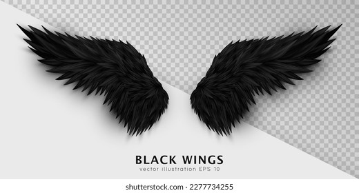 Black devil wings isolated on transparent background. Dark angel outfit, masquerade, carnival costume. Daemon's realistic wings. Three dimensional monster or bird wings. Vector illustration EPS 10