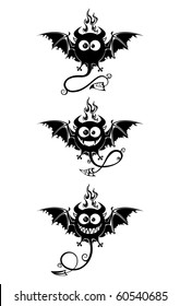 Black devils with bat's wings and long tails. Big eyes and smiling jaws, fire from the top of the head. Fun characters, contour.