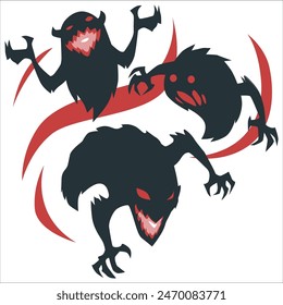 Black devils or Ghosts. Flying Phantoms. Halloween scary ghostly monsters. angry cartoon spooky characters. Creepy Halloween background with flying ghosts on black background. scary phantoms 2556