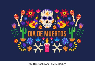 Black Dia de muertos holiday celebration banner with white sugar skull, maracas, cacti and other Mexican culture decoration elements - flat vector illustration.