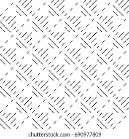 Black diagonal dashed lines abstract on white background. Seamless surface pattern design with linear ornament. Stripes and strokes motif. Image with slanted dashes. Striped paper for print. Vector 