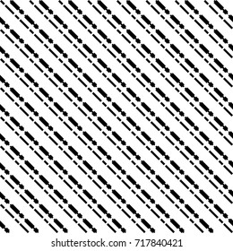 Black diagonal dashed lines abstract on white background. Seamless surface pattern with linear ornament. Angled broken strokes motif. Slanted pinstripes. Striped digital paper for print. Dashes vector