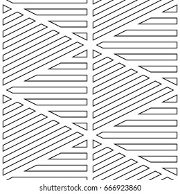 Black diagonal and horizontal lines contours on white background. Seamless surface pattern design with linear ornament. Slanted strokes wallpaper. Hash stroke motif. Digital paper with angled stripes.