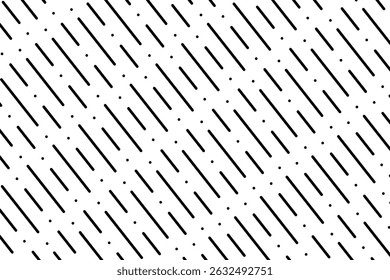 Black diagonal interrupted lines and dots on white background. Rain, storm or downpour pattern. Abstract minimalistic background. Rainy weather print. Autumn wallpaper. Vector graphic illustration.