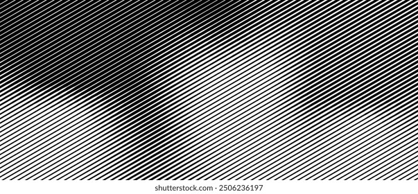 Líneas diagonales negras con una transición de espesor delgado a grueso. Fondo de pantalla degradado a rayas dibujado en tinta. Fondo geométrico Abstractas con textura de rayas monocromáticas. Ilustración vectorial