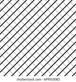 Black diagonal stripes grill on white background. Seamless pattern with white mini blocks ornament on black back. Grid motif. Crossed lines wallpaper. Checkered image. Digital paper for print. Vector.