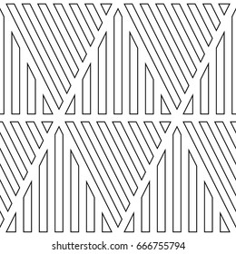 Black diagonal and vertical lines contours on white background. Seamless surface pattern design with linear ornament. Slanted strokes wallpaper. Hash stroke motif. Digital paper with angled stripes.