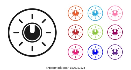 Einstellungen für die Technik im schwarzen Wählknopf, einzeln auf weißem Hintergrund. Lautstärketaste, Lautstärkeregelung, Analogregler. Symbole bunt festlegen. Vektorillustration-Illustration
