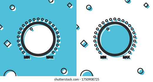 Black Dial knob level technology settings icon on blue and white background. Volume button, sound control, music knob with number scale, analog regulator. Random dynamic shapes. Vector Illustration