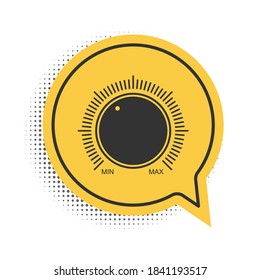 Black Dial knob level technology settings icon isolated on white background. Volume button, sound control, music knob with scale, analog regulator. Yellow speech bubble symbol. Vector.