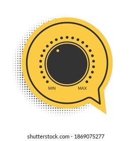 Black Dial knob level technology settings icon isolated on white background. Volume button, sound control, music knob with scale, analog regulator. Yellow speech bubble symbol. Vector.