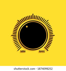 Black Dial knob level technology settings icon isolated on yellow background. Volume button, sound control, music knob with scale, analog regulator. Long shadow style. Vector.